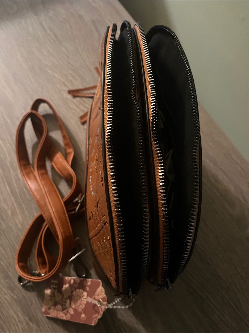 Sam and Hadley Embroidered Vegan Cognac Crossbody Bag - Picture 4 of 4